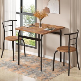 VECELO Dining Table Set for 2, 3-Piece Modern Dinette with Chairs for Small Space, Kitchen, Breakfast Nook, Brown