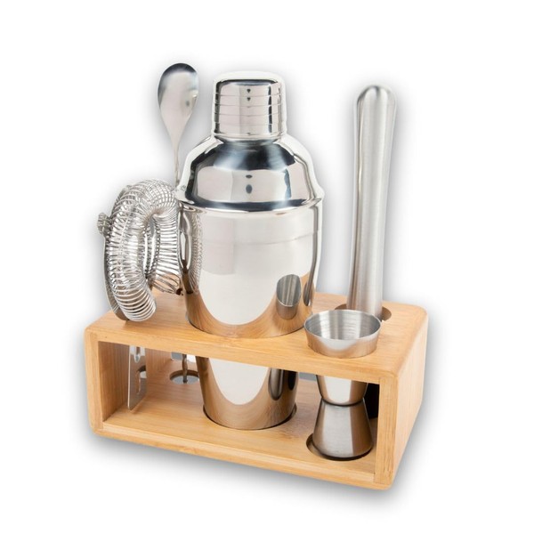 Premium Cocktail Shaker Set with Bamboo Stand, 4-Piece Bar Tools