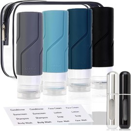 Juego de 4 Botellas de viaje para artículos tocador, Contenedores recipientes Botellas de viaje recargables para aseo aprobados por la TSA, Sin BPA, A prueba de fugas, Accesorios kit de viaje