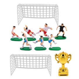 TOYANDONA 1 Set Mini-Fußballtore für Kuchen, Kunststoff-Fußball-Kuchendekorationen für Jungen, Miniatur-Puppenspielzeug mit 7 Spieler-Figuren, 1 Trophäe, 2 Netz, Sportthemen-Geburtstagsparty-Zubehör