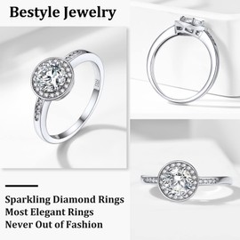 Sterling Silver Women 1 Carat Round Gemstone Ring Stunning Full Cubic Zircon Band Ring, Eternity Love Promise Ring for Birthday Anniversary Engagement Wedding, Size 10