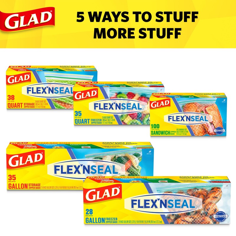 Glad Flex'N Seal Zipper Food Storage Sandwich Bags, Resealable Snack
