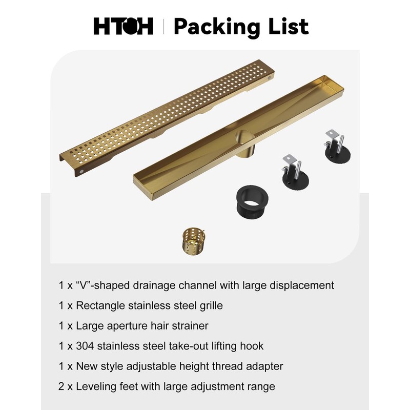 HTOH Linear Shower Drain, 24 Inch Gold Shower Drain with