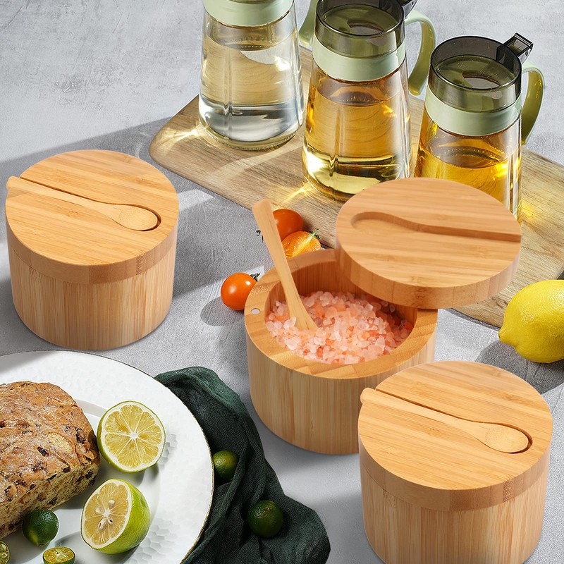 HTB Bamboo Salt Cellar with Mini Spoon, Kitchen Salt Box