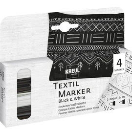 KREUL 92751 Textile Marker Opaque Black and White, 2 x Medium, 2 x Fine, Fabric Colouring Pens for Textiles Made of Cotton, Batiste, Linen, Silk and Blended Fabric up to 20% Synthetic Fibre Content