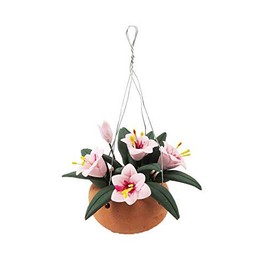 Melody Jane Dolls House Pink Flowers in Terracotta Hanging Basket Bowl Garden Accessory