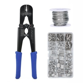 iCrimp Wire Rope Crimping Tool with Build-in Cutter, Wire Rpoe Swager Kit, Includes 330pcs Loop Sleeve and 45pcs Stainless Steel Thimble and 15m Wire Rope IWS-1608MC