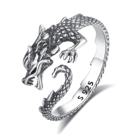 INFUSEU Dragon Ring for Women Sterling Silver Vintage Punk Gothic Open Rings Cool Animal Norse Viking Goth Adjustable Ring Size 7 8 7.5 Jewelry Gifts Cute