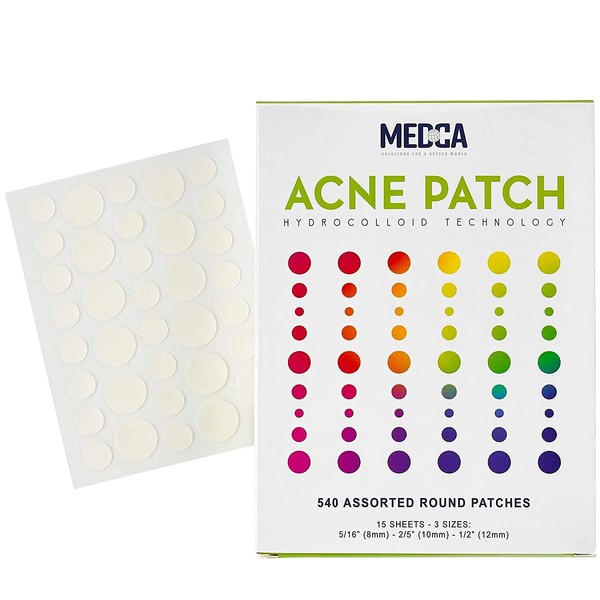 Acne Patches for Facial - Hydrocolloid Bandages (540 Pack) Pimple Plasters in 3 Universal Sizes, Acne Spot Treatment, Face and Skin Spots, Hides Pimples and Blackheads