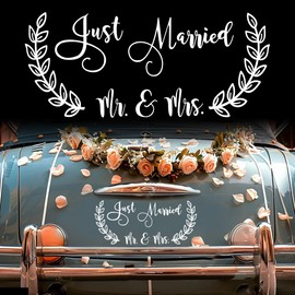 Fssqii Just Married Mrs Vinyl Sticker Decor for Wall Window Car Waterproof Wedding Reception Sign Ceremony Decal for Couples Spouse DIY Self-Adhesive (White-Mrs)