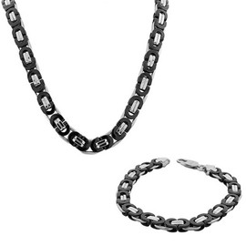My Daily Styles Stainless Steel Silver-Tone Black Mens Link Chain Necklace and Bracelet Set