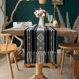 Boho Table Runner with Tassel, Farmhouse Table Runner 90 Inches Long for Dining Table Decor, Wedding, Party and Dresser Decor, Black and White