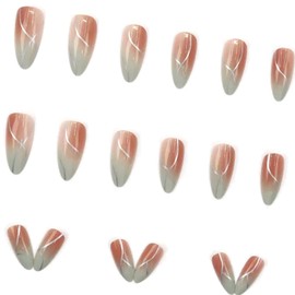 YAOBFFCAS Women's French Tip Press on Nails, Solid Geometric Lines Almond Fake Nails, Fashion Glue on False Nails, Gel Press on Nails Medium for Wedding and Party - Gradient Pink Green