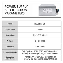 H290EM-00 290W Power Supply Compatible with Dell Optiplex 3020 7020 9020/ Precision T1700/ T20 (MT Mini Tower), P/N: RVTHD KPRG9 HYV3H H290AM-00 D290A001L L290AM-00 PS-3291-1DF