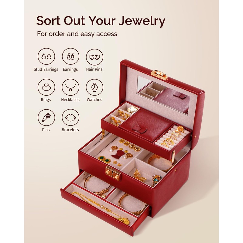 CASEGRACE Jewelry Box,3 Layers Leather Jewelry Storage Box with Lock,