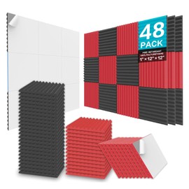 JBER 48 Pack Acoustic Foam Panels, 1" X 12" X 12" Upgraded Self-Adhesive Studio Soundproofing Wedges Fire Resistant Sound Proof Padding Acoustic Treatment Foam - Black & Red