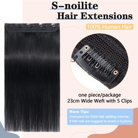 S-noilite Clip in Hair Extensions Human Hair Jet Black - One Piece Hair Extensions Clip in Real Hair 16 Inch (45 g)