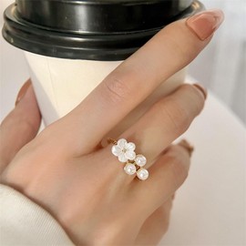 Aneneiceera Vintage Pearl Band Ring Half Open Flower Pearl Ring Gold Pearls Finger Rings Adjustable Statement Rings Jewelry for Women
