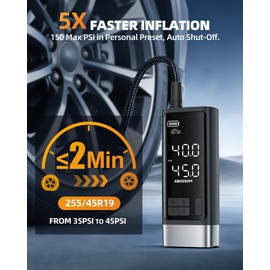 Portable Tire Inflator with Dual-Cylinder, 5 x Fast Inflation Car Air Compressor with Memory Function, 150PSI Cordless Tire Inflator Rechargeable with Battery,12V DC for Pickup Car, Moto, Bikes, Balls