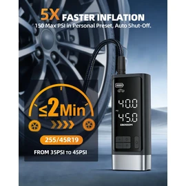Portable Tire Inflator with Dual-Cylinder, 5 x Fast Inflation Car Air Compressor with Memory Function, 150PSI Cordless Tire Inflator Rechargeable with Battery,12V DC for Pickup Car, Moto, Bikes, Balls
