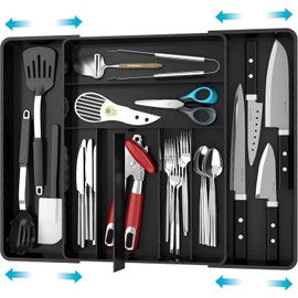 Simple Houseware - Organizador de cubiertos expandible para cajones de cocina, color negro - Bandeja de cubiertos ajustable con 9 compartimentos para utensilios y cubiertos