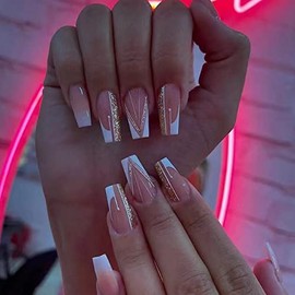 Kamize Pink Press on V French Square Fake Nails Full Cover Acrylic Bling Medium False Nails for Women and Girls 24PCS