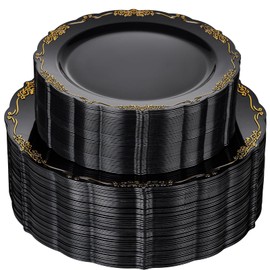 U-QE 100PCS Black Gold Plastic Plates - Heavy Duty Disposable Plates Including 50PCS 10'' Dinner & 50PCS 7.5'' Dessert Plates - Hard Plastic Plate for Party & Wedding