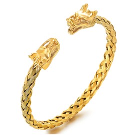 COOLSTEELANDBEYOND Dragon Head Bracelet Gold Color, Cuff Bracelet Adjustable, Steel Braided Cable Bangle for Mens