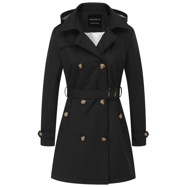 CREATMO US Women's Dress Coats Double-Breasted Trench Coat with Belt Black M