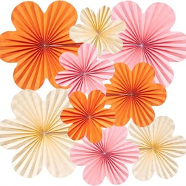 SSKHE 9 PCS Paper Decorations, Paper Flowers Fans Decorations, Hanging Flowers Backdrop Party Decorations, Orange Pink Party Decor for Birthday Parties Wedding Décor Fiesta or Table Decoration