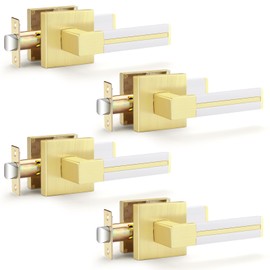 EHOMEWARE 4 Pack Gold Door Handle with White Leather, Brass Passage Door Levers Door Handle Sets Hallway Closet Door Lever Handle Without Lock, Keyless Door Levers for Left/Right Handing