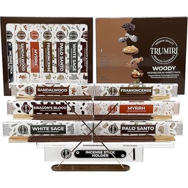 Woody Incense Sticks Variety Pack - 120 Insence-Sticks (6 Incents x 20 Insense) - White Sage Palo Santo Dragons Blood Sandalwood - Natural Inscents-Sticks Non Toxic Cleansing Incienso + Burner Holder