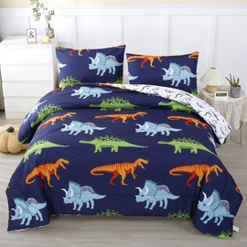 RYNGHIPY Cartoon Dinosaur Comforter Set, Dark Blue Dinosaur Kids Bedding Set for Boys, Dinosaurs Print Comforter Sets for Kids/Toddlers/Teens (Dinosaur,Queen)