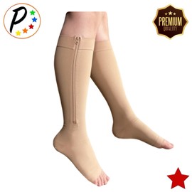 Presadee Premium 20-30 mmHg Firm Compression Swelling Pain Zipper Open Toe Sock (Beige, 3X-Large)