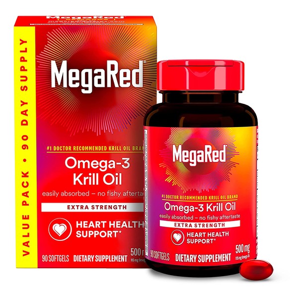 MegaRed Antarctic Krill Oil 500mg Omega 3 Fatty Acid Supplement, Extra Strength EPA & DHA Softgels (90cnt box), Antioxidant Astaxanthin, Heart Health Supplement With No Fish Oil Aftertaste