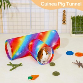 Hedgeink Guinea Pig Tunnel, Collapsible 3 Way Guinea Pigs Hideout Washable Rabbit Tunnel with Chew Toys Rabbit Toys for Guinea Pig Cage Accessories