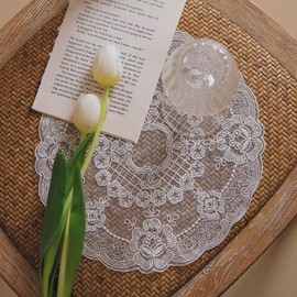 2pcs Retro French lace Placemats, exquisite flower embroidered Round Doilies Coasters Vase mat for home decoration (off-white,Diameter 27cm)