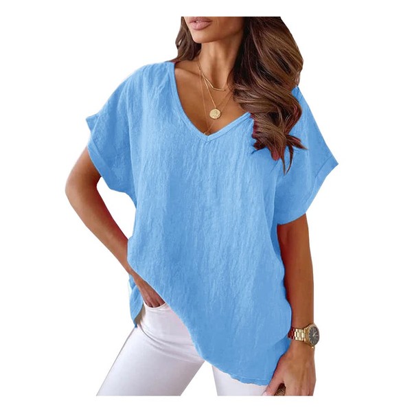 Blusa de lino de algodón para mujer, cuello en V, holgada, casual, de manga corta, Azul, L