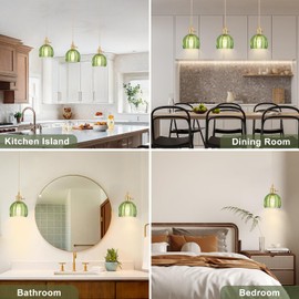 Mini Pendant Lights Kitchen Island 3 Pack, Small Adjustable Pendant Light Fixture with Green Tulip Glass Lampshade, Vintage Gold Pendant Lighting, Pendant Light for Bedroom Dining Room Hallway