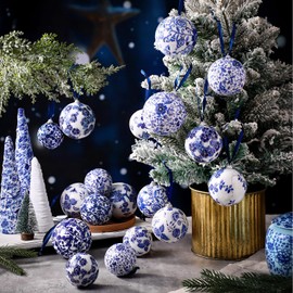 Poen 18 Pcs Christmas Chinoiserie Ball Ornaments Blue and White Chinoiserie Tree Decoration Christmas Tree Hanging Ornaments Blue White Foam Xmas Decor (2.36 Inch，2.76 Inch，3.15 Inch)