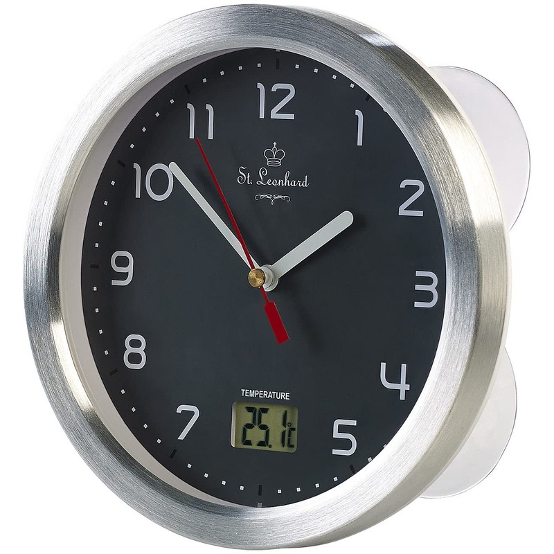 St. Leonhard Bathroom Clock: Bathroom Wall Clock with LCD Thermometer,