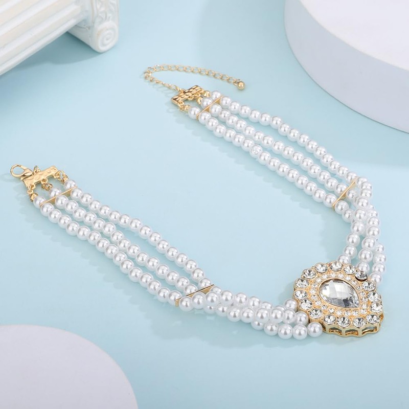 Wiwpar Crystal Pearl Choker Necklace Dainty Round Imitation Pearl Layered
