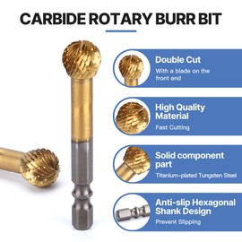 HUHAO Carbide Rotary Burr Bit,Double Cut Carving Burr 1/4" Hex Shank Die Grinder Cutting Burr for Metal Rotary Tool,DIY Wood-Working Carving,Soft Metal Grinding Drilling Polishing,1pc