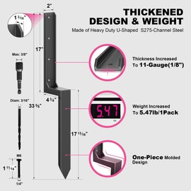 IRONBABE Fence Post Repair Kit - One-Piece Steel Anchor Stakes to Quick Fix Broken/Leaning 4x4/6x6 Wood Posts (Thickened 11-Gauge, 2-Pack)