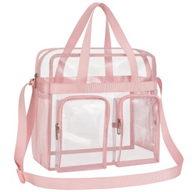 Oraben Clear Bag Stadium Approved 12x6x12 Clear Tote Bag with Removable Strap Clear Lunch Bag for Work Sports Festival (Two Pockets, Pink)