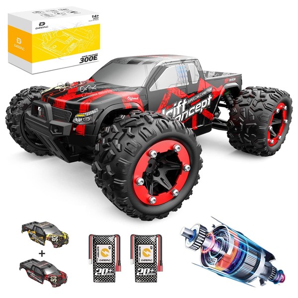 DEERC Brushless RC Cars 300E 60KM/H High Speed Remote Control Car 4WD 1:18 Scale Monster Truck for Kids Adults, All Terrain Off Road Truck with Extra Shell 2 Battery,40+ Min Play Gifts for Boys