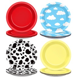 48Pcs Cartoon Story Birthday Party Paper Plates for Toy Inspire Game Story Party Supplies 7" Cow Print Sky Blue Cloud Birthday Party Disposable Plates for Kids Birthday Baby Shower Party Decorations