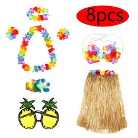 Dtoterul Hawaiian Costume Women's 8 Pieces Hawaiian Hula Set Grass Skirt Hawaiian Hula Grass Skirts Hawaiian Hawaiian Grass Hula Skirt Hawaiian Hawaiian Grass Hula Skirt Hawaiian Theme Party Costumes