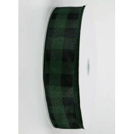 1.5" wired ribbon buffalo check plaid dark emerald green black Lt weight 5 yds