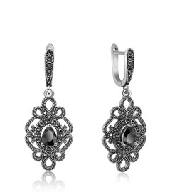 Mytys Black Marcasite Dangle Earrings for Women Retro Vintage Black Onyx Stone Drop Earring Hypoallergenic Jewelry (small flower)